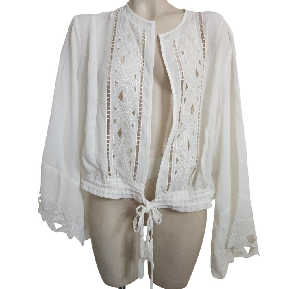 Dolce‎ Cabo White Embroidered Boho Tassel Tie Front Blouse Bell Sleeve 71931